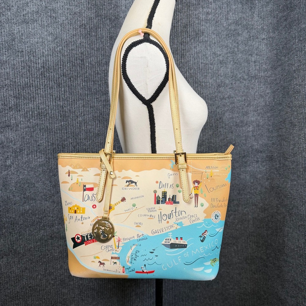 Spartina 449 Texas Map Tote Bag 11" x 9" Tan Faux Leather Travel Carry All Art